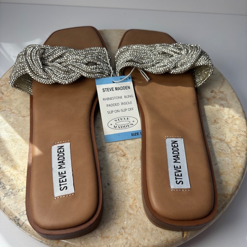 Steve Madden Ladies Rhinestone Bling Sandals 9 Silver Braided Y2K Slide Cushion - Picture 3 of 5